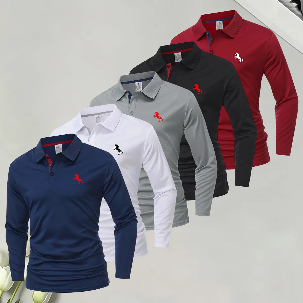 Men’s Simple Solid Color Long Sleeve Polyester Polo Shirt - Golf Motif Golfing Apparel, Casual Mens Clothing Top for Spring, Autumn, Ideal Gift Option
