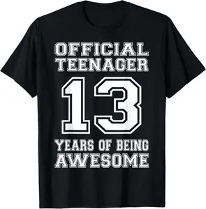 Graphic Cotton Fabric Tee for Teens, Funny "Official Teenager" 13th Birthday Gift for Boys and Girls