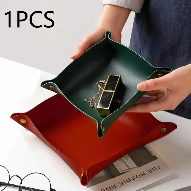 1pc Leather Storage Tray Dice Box Coin Desktop Storage Organizer Jewelry Box Makeup Cosmetics Storage Box Key Tray DIY Household Folding Tray Storage Case Portable Collapsible Storage Box Collapsible Storage Bin Foldable Storage Box