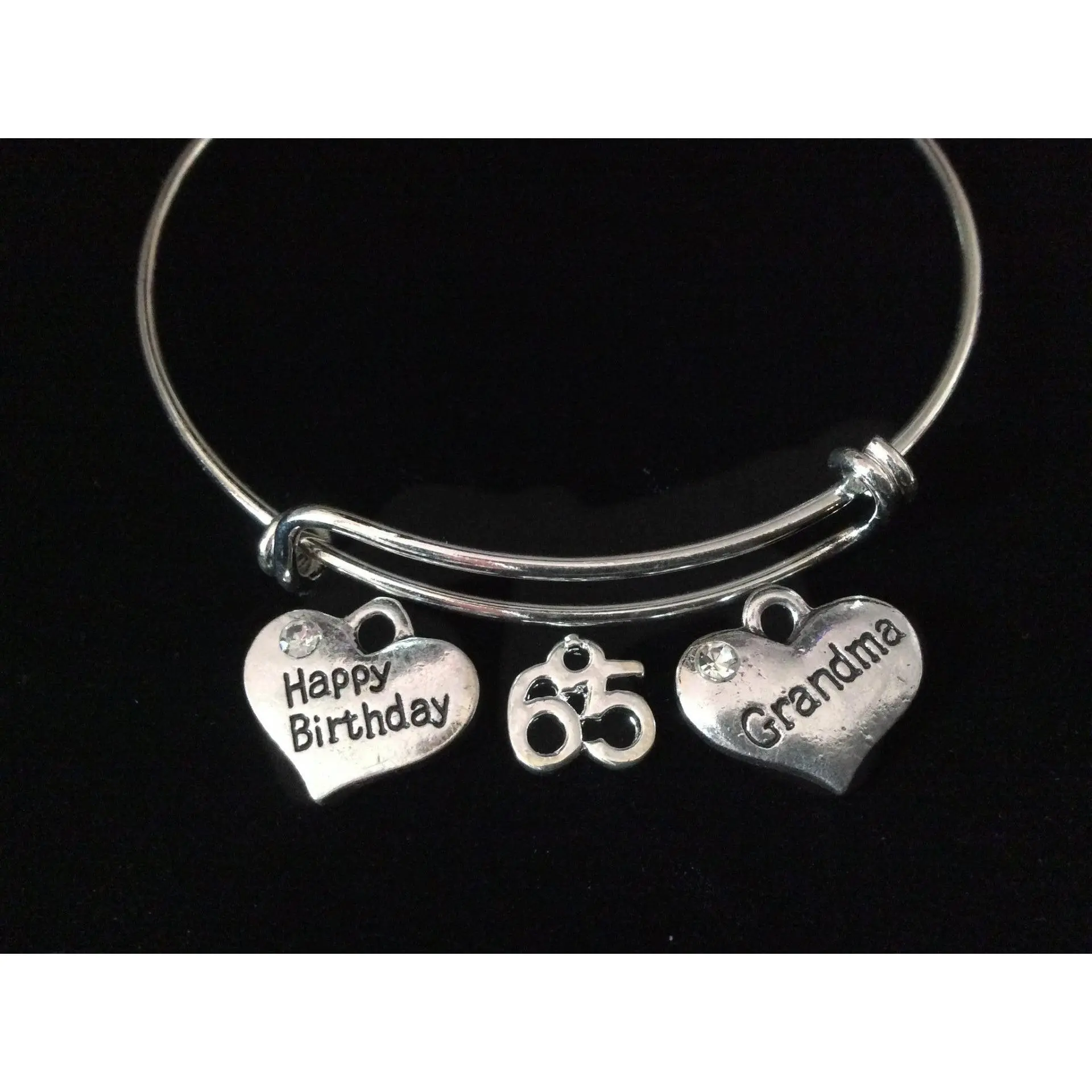 65th Birthday Gift for Grandma – Happy Birthday Charm Bangle Bracelet, Silver Adjustable Wire Bangle Grandmother Gift