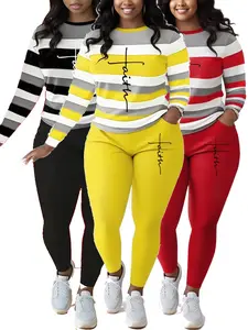 2026 New Plus Size Women's Long-Sleeve Striped Color-Block Top and Leggings Set Letter Print Slim-Fit Long-Sleeve Top Comfortable High-Waisted Casual Style Perfect for Spring and Fall Womenswear Chic