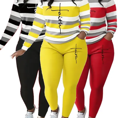 2026 New Plus Size Women's Long-Sleeve Striped Color-Block Top and Leggings Set Letter Print Slim-Fit Long-Sleeve Top Comfortable High-Waisted Casual Style Perfect for Spring and Fall Womenswear Chic