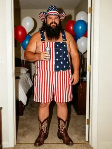 Plus Size 4th of July American Flag Overalls for Men USA 250th Anniversary Shorts Stretchy Denim Romper Memorial Day Coveralls Patriotic Gifts Summer Wins Wear Independence Day Jumpsuits Fashion Father's Day BBQ Outdoor Menswear
