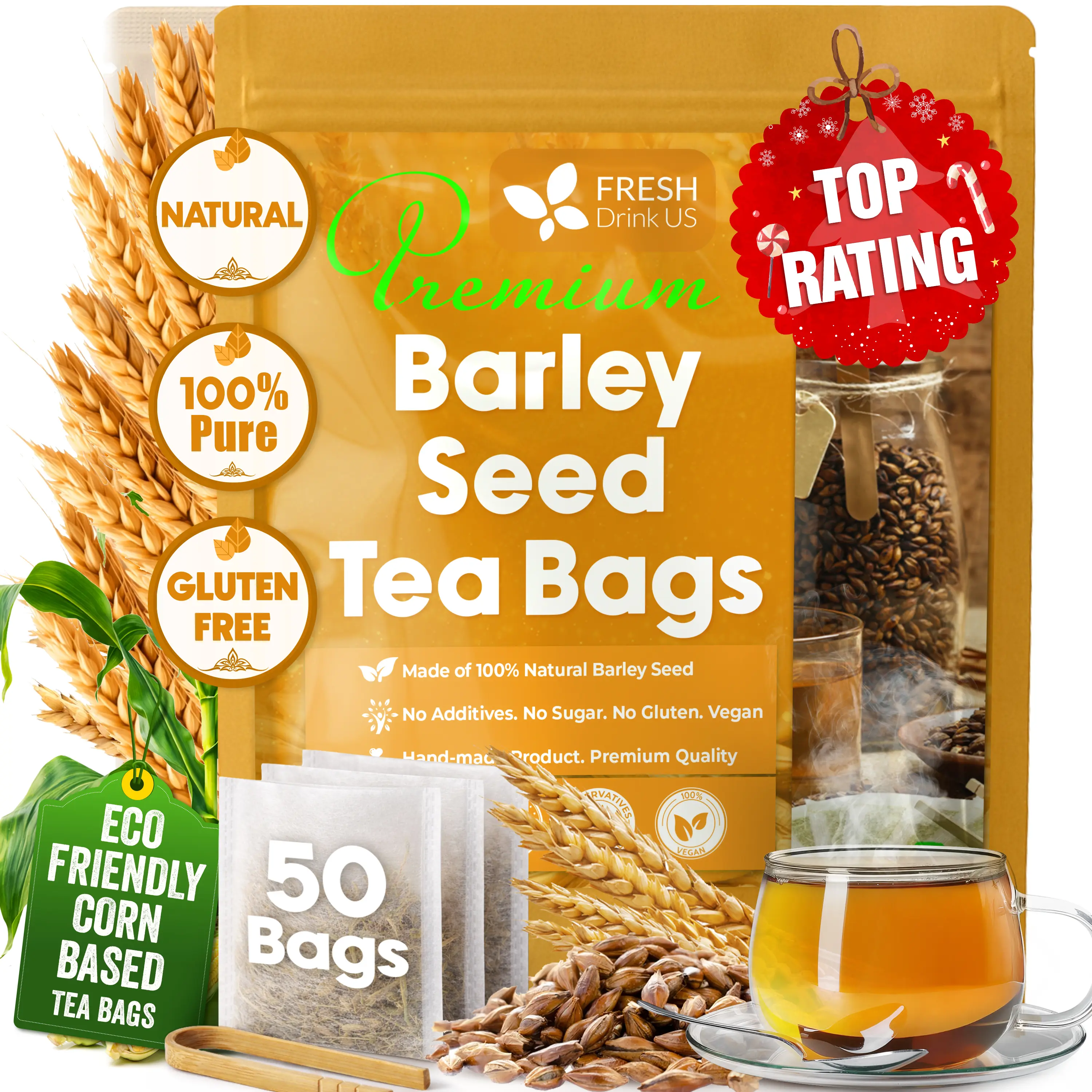 FreshDrinkUS Premium 50 Barley Tea Bags, 100% Natural & Pure. Loose Barley Herbal Tea. Made with Natural Material Tea Bags. No Sugar, No Caffeine, No Gluten, Vegan