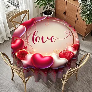 1 Piece Heart Ball Flower Cluster Soft-Shimmer "Love" Sweet and Warm Theme Round Tablecloth, Suitable for Confession Surprise Small Party