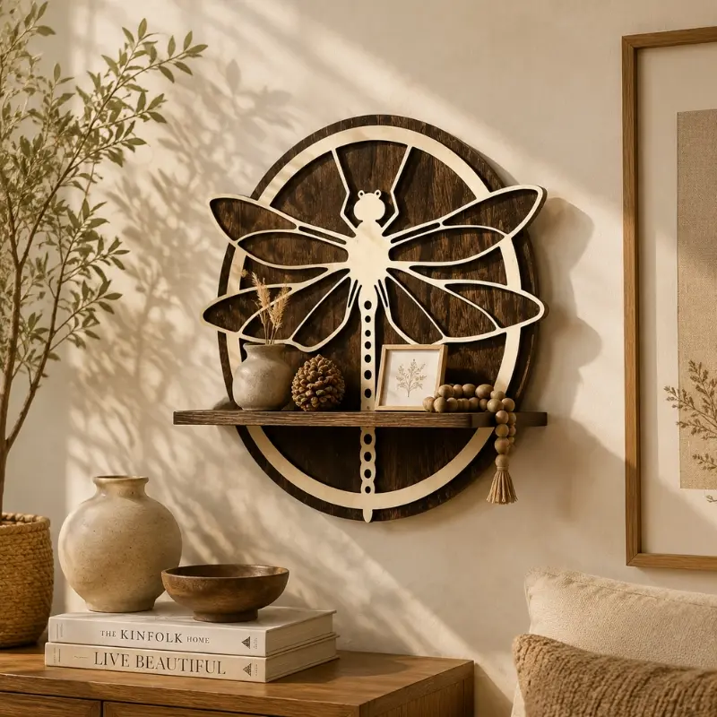 Dragonfly Shaped Wall Shelf, Wooden Floating Wall Mounted Shelf with Decorative Storage Display, Rustic Farmhouse Wall Decor Shelf for Living Room Bedroom Bathroom Entryway Kitchen, Small Plant Candle Photo Frame Organizer sohochic