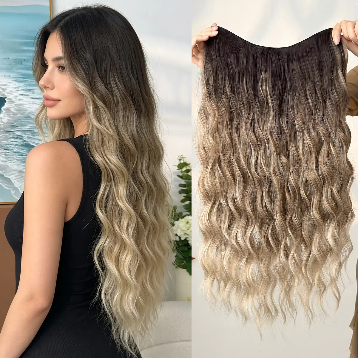 HEYPINK Women's Clip-In Hair Extensions, 24 in Water Wave V-Shaped Ombre Transition, Heat-Resistant Synthetic Fibers Hairpiece for Party Wear & Daily Use