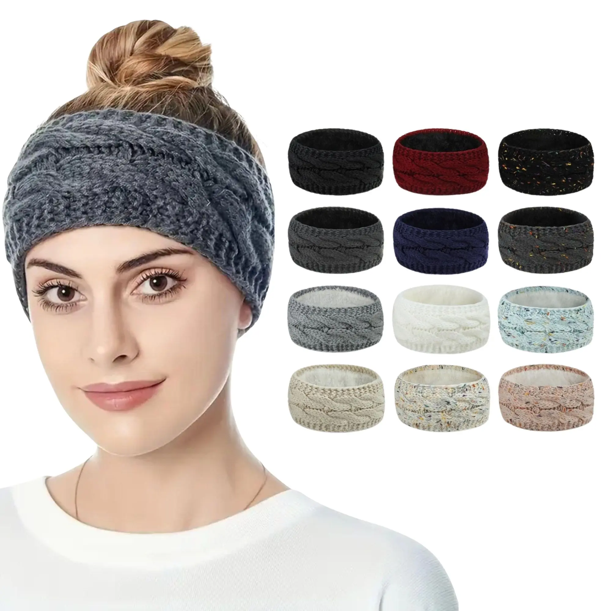 3-Pack Unisex Cotton Ear Warmer Headbands for Adults, Fleece-Lined Thermal Knit Sweat Bands for Winter Running & Workouts, Sweat Bands For Head, Basic, Breathable, Sweatband Headband, Biking, 9 In Wide, Knitted Band