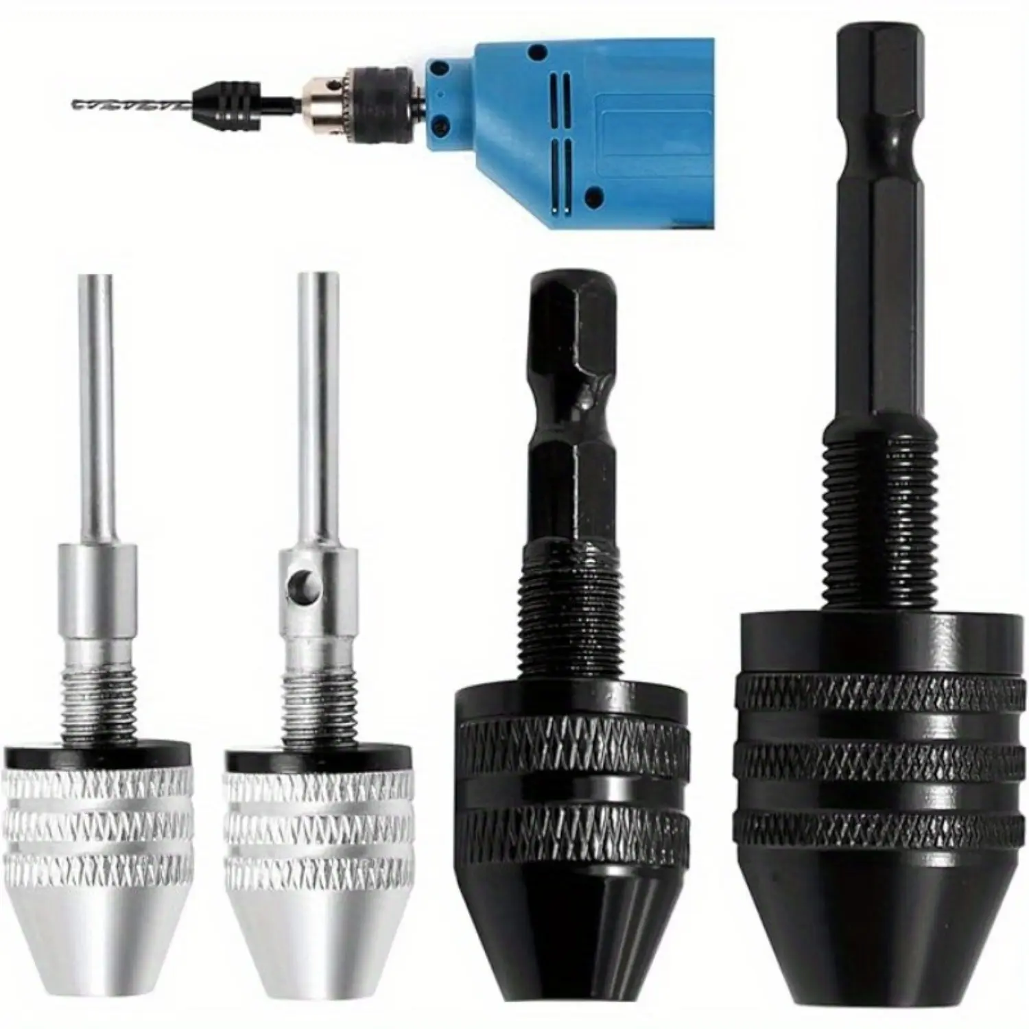 4-Pieces Keyless Drill Chucks Hex Shank Quick Change Adapter Converter, 1/4-1/8-1/16in & 0.3-6.5Mm Sizes, Easy Load/Unload for Cordless Power Screwdrivers, Warehouses & Home Improvement to Achieve Fast Switching Tasks