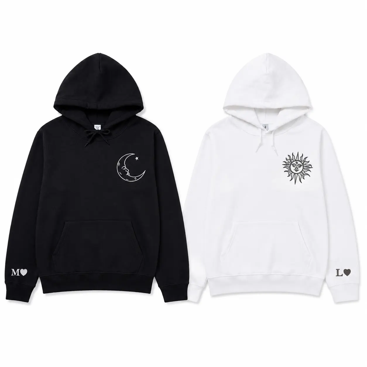 Custom Matching Couple Hoodie Set Embroidered Sun and Moon Design – Gift for Anniversary Valentine Birthday