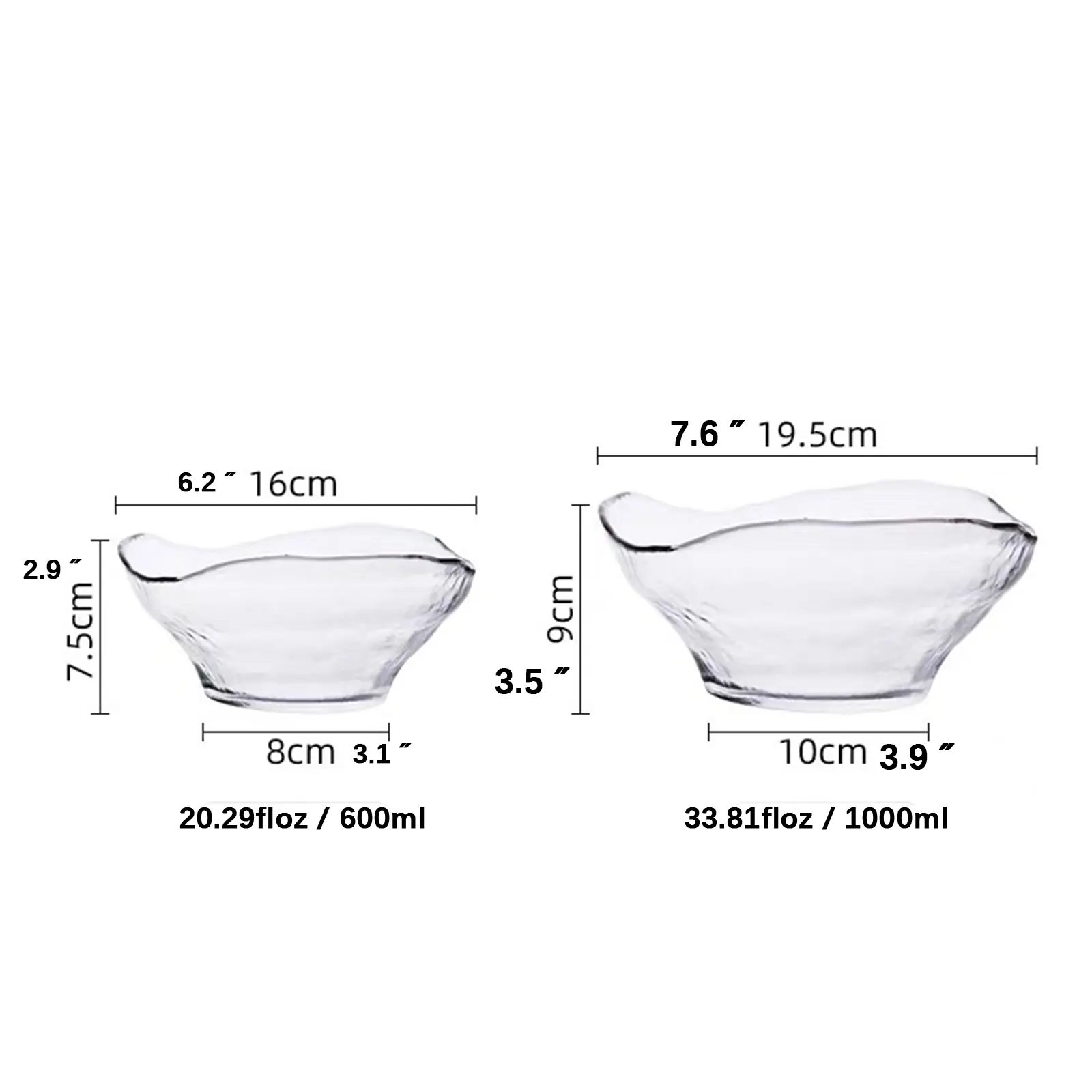 2Pcs 700ml&450 ml Irregular Seashell Glass Bowl Set, Clear Hammered Glass Serving Bowls for Salad Dessert Fruit Snack Prep, Dishwasher Safe