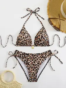 Casual Seaside Vacation Leopard Print Two-Piece Strapless Women's Swimming Suit