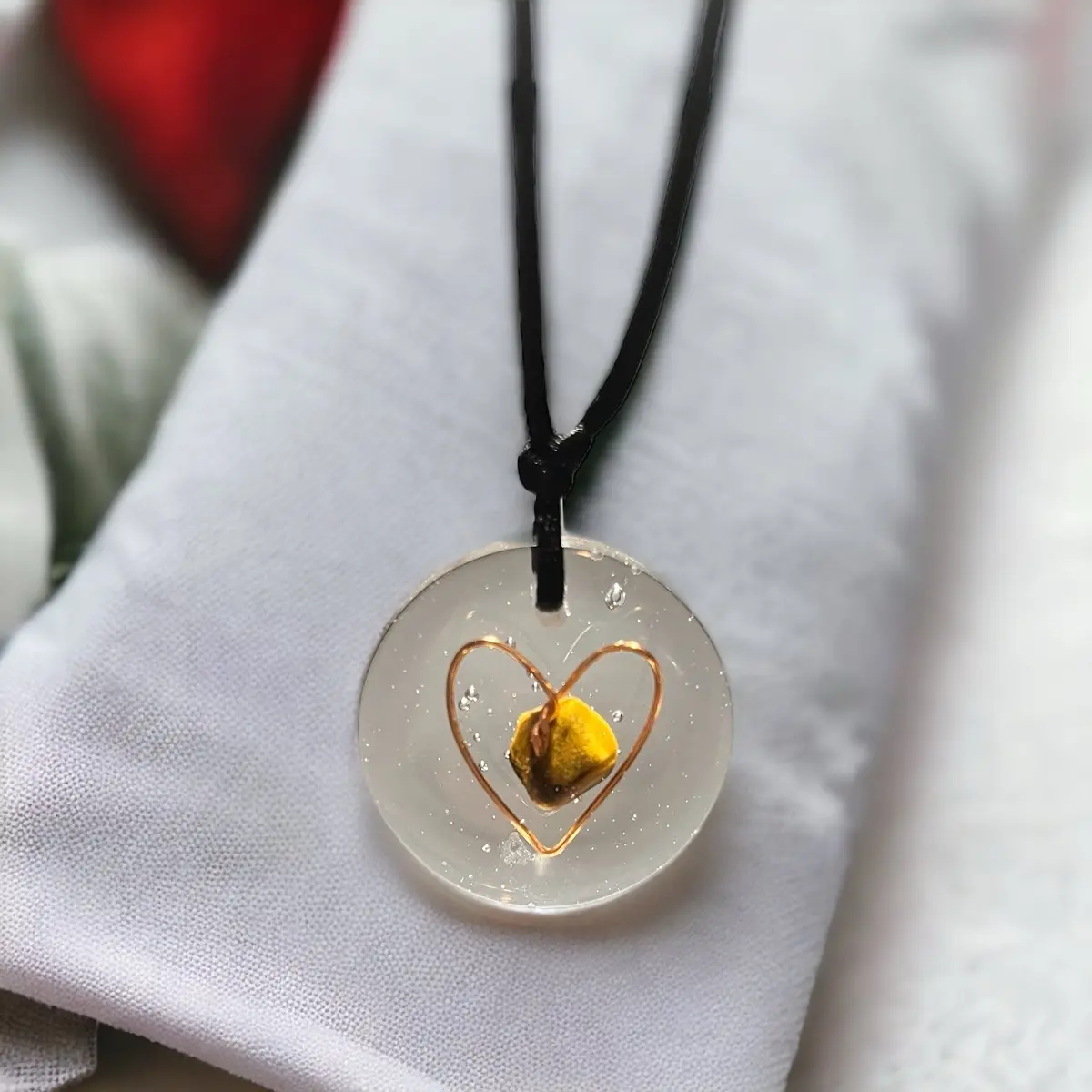 Orgonite* Tigers eye stone and copper heart design resin necklace EMF protection picture necklace