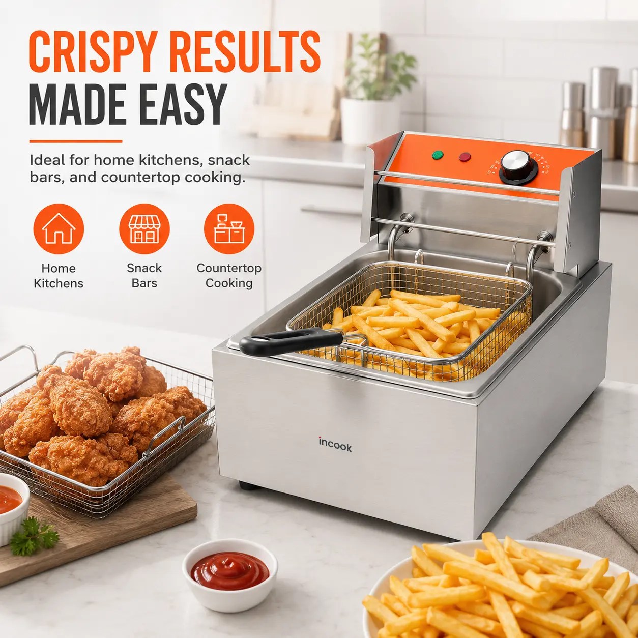 INCOOK Deep Fryer with Basket and Lid,1700w Commercial Countertop 12.6Qt/12L Double Stainless Steel Large Deep Fryer with Temp Control,for Kitchen Restaurant Home Use
