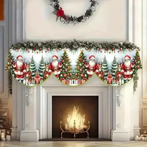 Extra Long Christmas Fireplace Mantel Scarf, Santa Claus & Reindeer Design, Durable Polyester Material, Perfect for Festive Décor