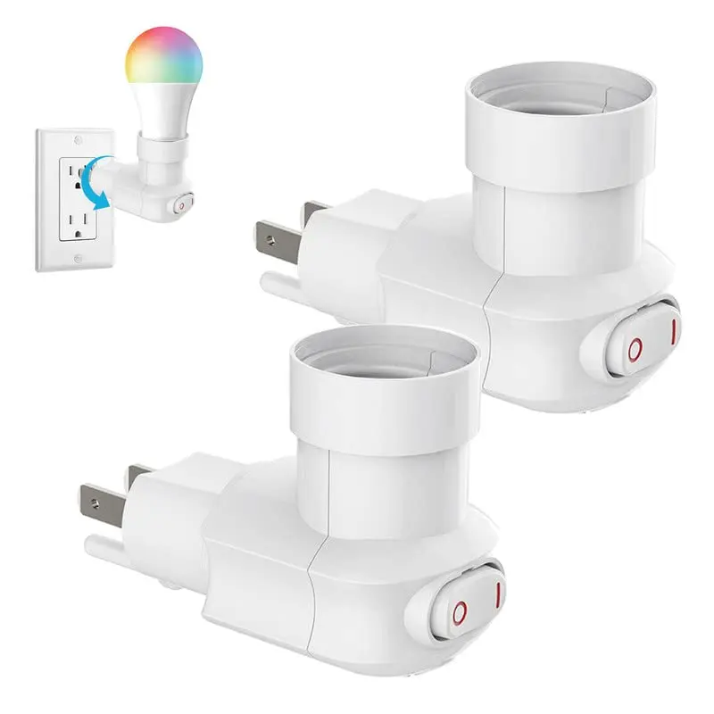 2 Pack Outlet to Socket Adapter, 360 Rotatable Plug in Light Bulb Socket with On/Off , 3-Prong Outlet to E26 E27 Screw Base Bulb Socket (ETL Listed, White)