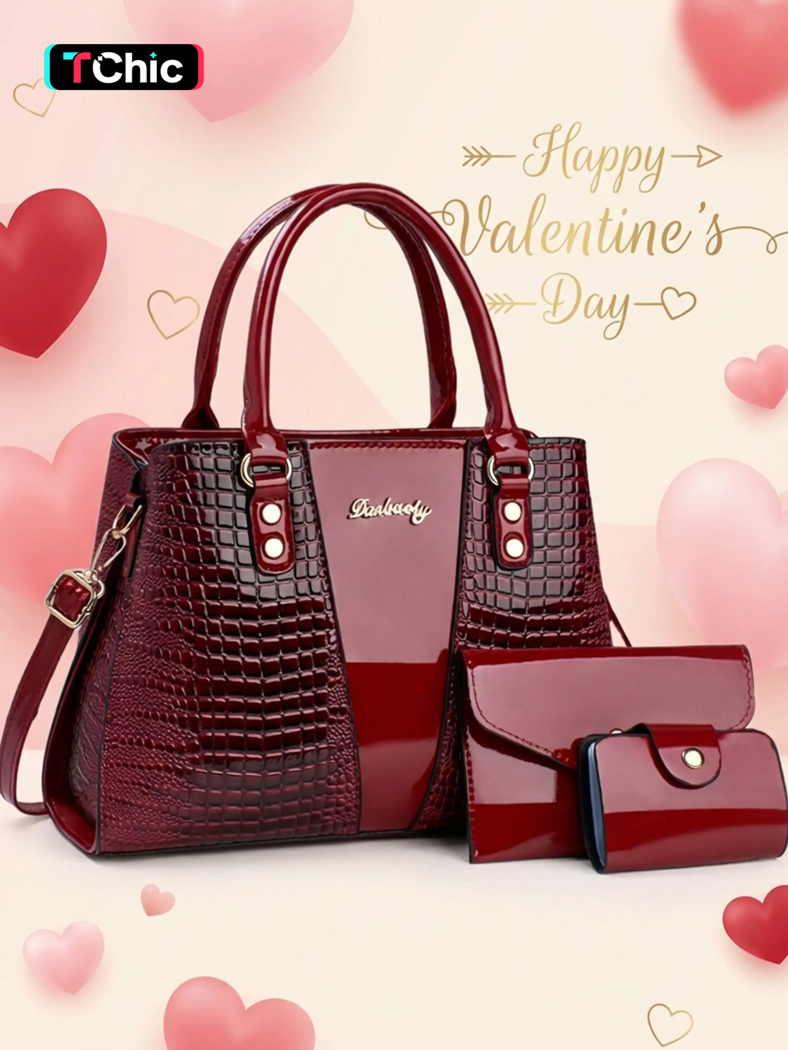 Women's 3-Piece Handbag Set, All Seasons Crocodile Pattern Patent Leather Top Handle Bucket Bag Satchel Shoulder Bag & Wallets Set