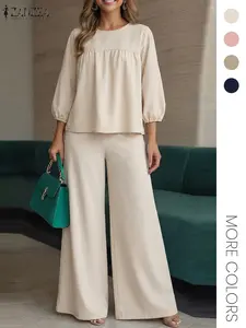 ZANZEA Women's Casual Set, Womenswear Gathered Lantern Sleeve Round Neck Long Sleeve Top Wide Leg Pants Design, Ideal for Daily Commuting