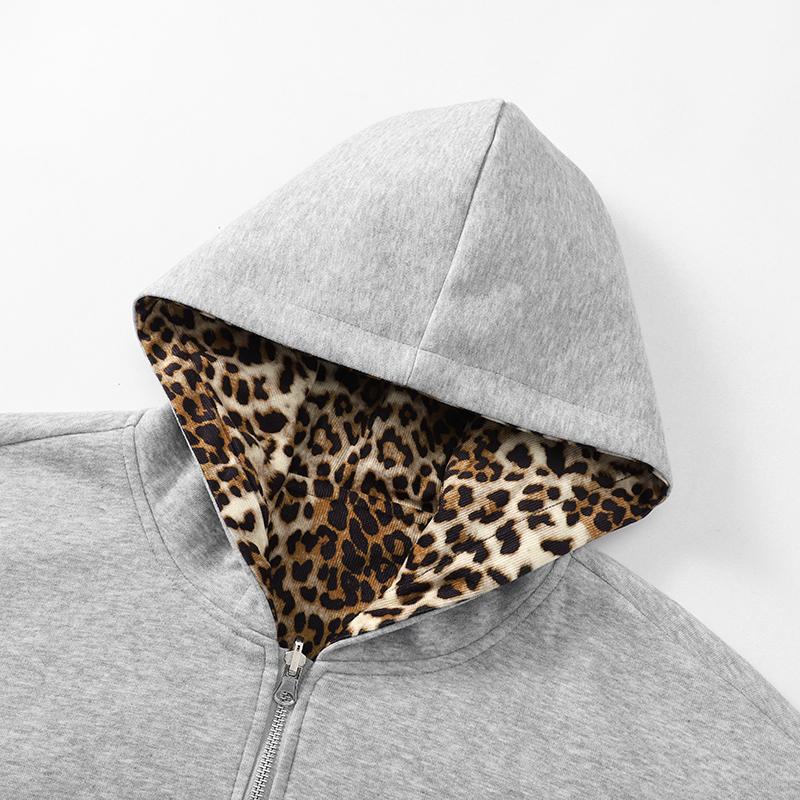 Men’s casual double-sided zip-up hoodie jacket, solid color leopard print design; long sleeves; deeper side pockets; soft, durable fabric. Suitable for everyday wear, walking, and camping in spring and autumn.