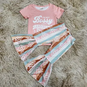Short sleeves top & aztec stripe printed bell bottom pants set western boutique girls outfits