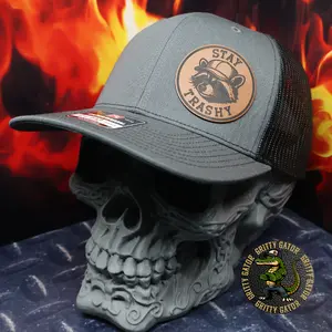 Gritty Gator Stay Trashy Raccoon Patch Hat - Premium Richardson 112 Trucker Style Adjustable Snapback with Laser Engraved Leatherette Patch