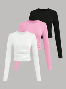 Girls' Ruffled Long Sleeve Round Neck T-Shirt Top 3 Pack, Simple Versatile Summer Spring Autumn Winter, Pure Color Casual Comfortable Slim Fit