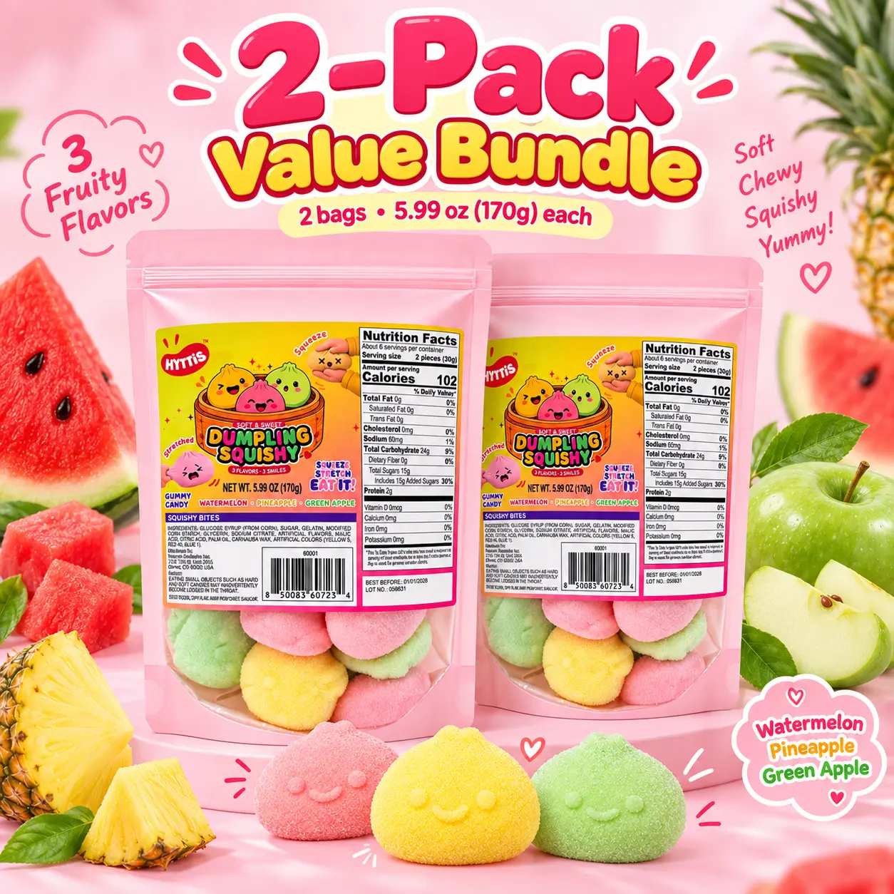 Hyttis Squeeze Baozi Gummy Candy, 2-Pack 340g, Watermelon, Pineapple & Green Apple Flavors, Fun Soft Chewy Candy Snacks