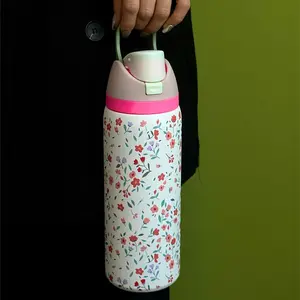 Floral Pattern Stainless Steel Vacuum Flask, 1 Count 24oz-32oz-40oz Water Bottle with Straw, Stainless Steel Thermos, Drinking Cup for Home Office School Outdoor, Portable Drinkware, Insulated Mug, Leakproof Insulated Tumbler