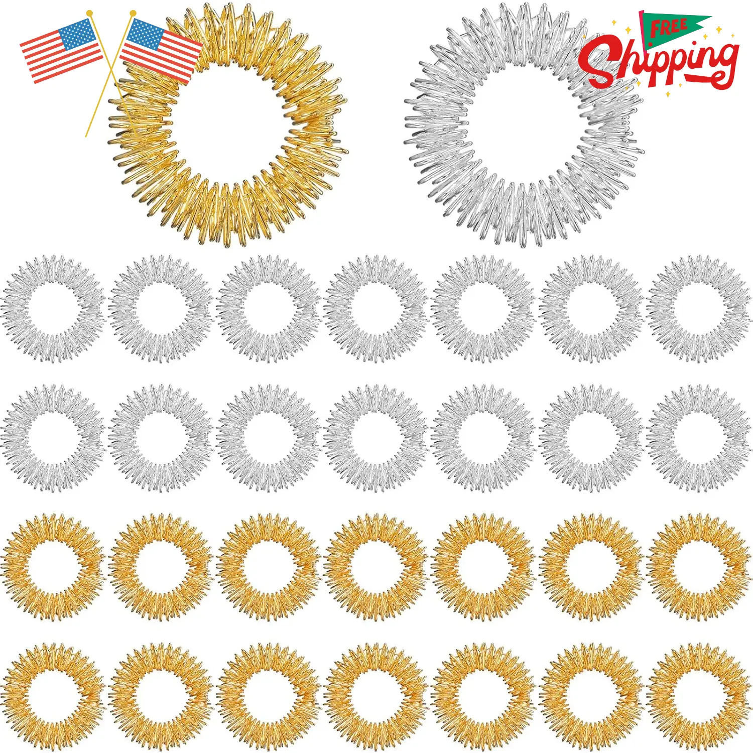 30 Pack Spiky Finger Sensory Ring Gold Silver Acupressure Rings