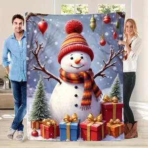 Cozy Snowman Flannel Couch Throw Blanket - 30s Yarn, Soft Warm, Wrinkle Resistant, Multi-Size, All-Season Plush, Winter Snowflake Design, Machine Washable, Christmas Gift, Contemporary Look Home Decor (Red, Golden, Blue, Green, Beige)