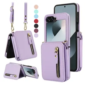 Shockproof Wallet Case for Samsung Galaxy Z Flip 7 / 7 FE 6 5 4 3 5G RFID Blocking Card Slots  PU Leather Cash Slot Zipper Purse Credit Card Slot Holder Carrying Handbag Stand Phone Case Hinge Protection Adjustable Lanyard for Women Ladies