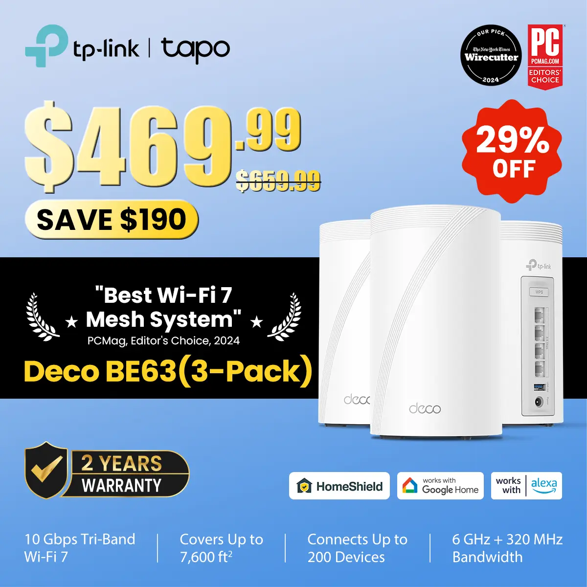 TP-Link Deco BE63 (3-Pack) Deco 7 Pro Smart WiFi Wireless Tri-Band Router, Up to 10Gbps Tri-Band WiFi 7 Mesh System, 10G Ports, 7600 Sq.Ft Coverage, 200+ Devices, AI Roaming, VPN, RJ45 Ethernet Cable Compatible Home Router