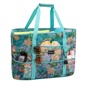 THE JUNCO Mesh Beach Bag Extra Large with 9 Pockets & Zipper Waterproof Lightweight Tote for Beach Pool Travel Multifunctional Hanging Bag