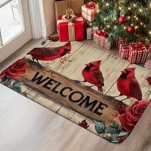 Cardinal & Rose "WELCOME" Doormat, Rustic Wood Plank Background with Red Cardinals & Rose Floral Accents, Non-Slip Backing. Absorbs Dirt & Moisture, Easy to Clean. Perfect for Farmhouse & Christmas Entryway Decor