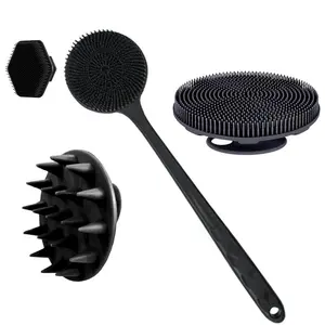 4-Piece Silicone Body Brush Set, Exfoliating Shower Scrubber, Shower Cleaning Brush, Long Handle Back Scrubber, Short Bath Brush, Head Wash Brush, Face Cleansing Brush, Non-Electric Handheld, Exfoliating Tool