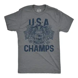 Mens Funny T Shirts USA Two Time World War Champs Sarcastic Fourth Of July Graphic Novelty Tee for Men Mens Funny T Shirts Cool Vintage Fashion T-Shirt Gift Classic Menswear Patriotic Apparel for Men Funny Dark Grey