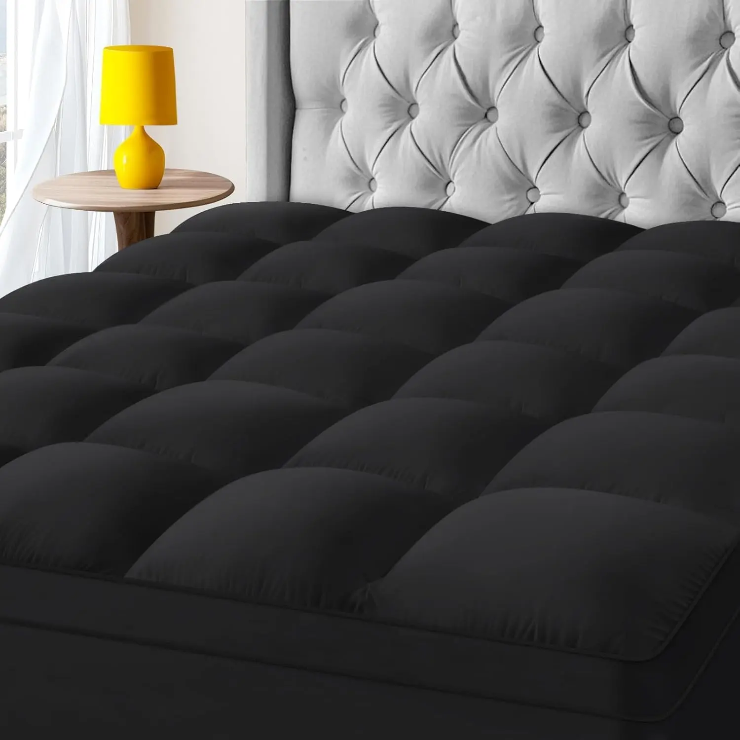 Mattress Topper,Extra Thick Mattress Pad Cover for Deep Sleep,+7D Snow Down Alternative Fill Overfilled Plush Pillow Top with 8-23 Inch Deep Pocket-Black