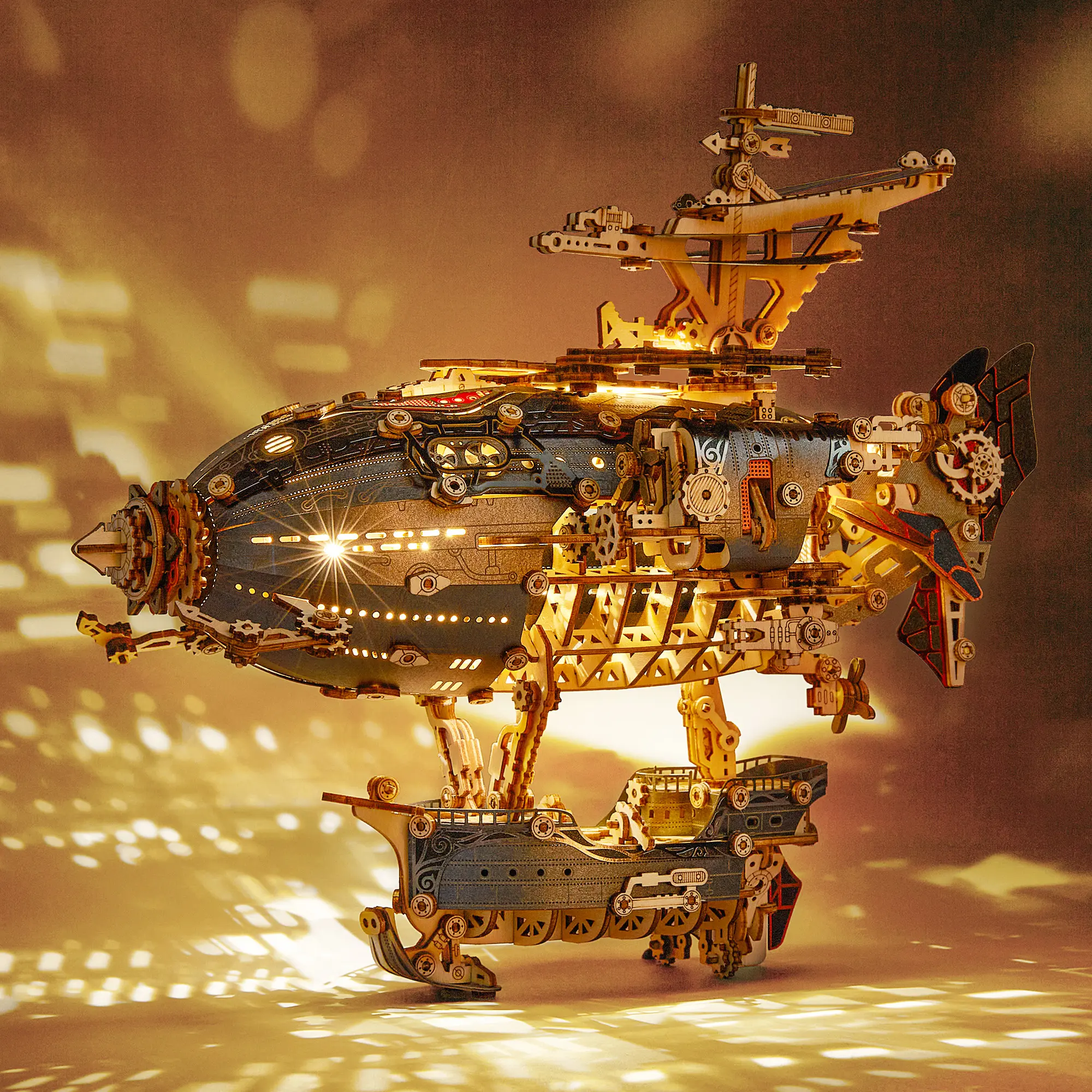 LED 3D Wood Puzzle Fantasy Airship Model - Steampunk DIY Craft Kit with LED Lights – Intricate Wooden Airship Model Building Set for Teens and Adults - DealsForYouDays