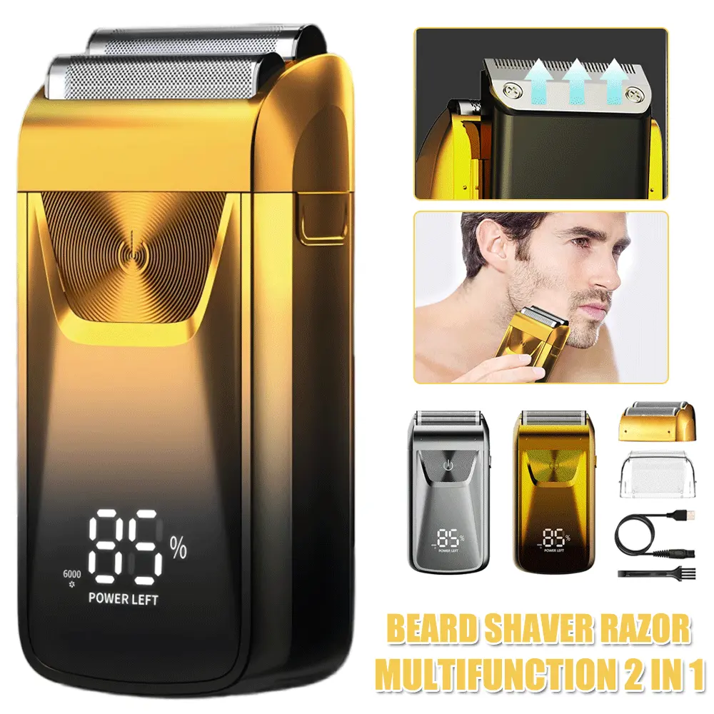 Men's Golden Stainless Steel Handle 2-in-1 Electric Shaver - Rotary Double Razors, Foil Shaver, 3-Speed Adjustable, USB Fast Charging, 1400mAh Rechargeable Battery, LED Digital Display, Portable Hair Clipper, Smoothing Shave, Cleaning Brush, 2 Hours