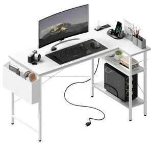 39 Inch Gaming Computer Desk with Power Outlet & LED Strip, Reversible Storage Shelves for Home Office