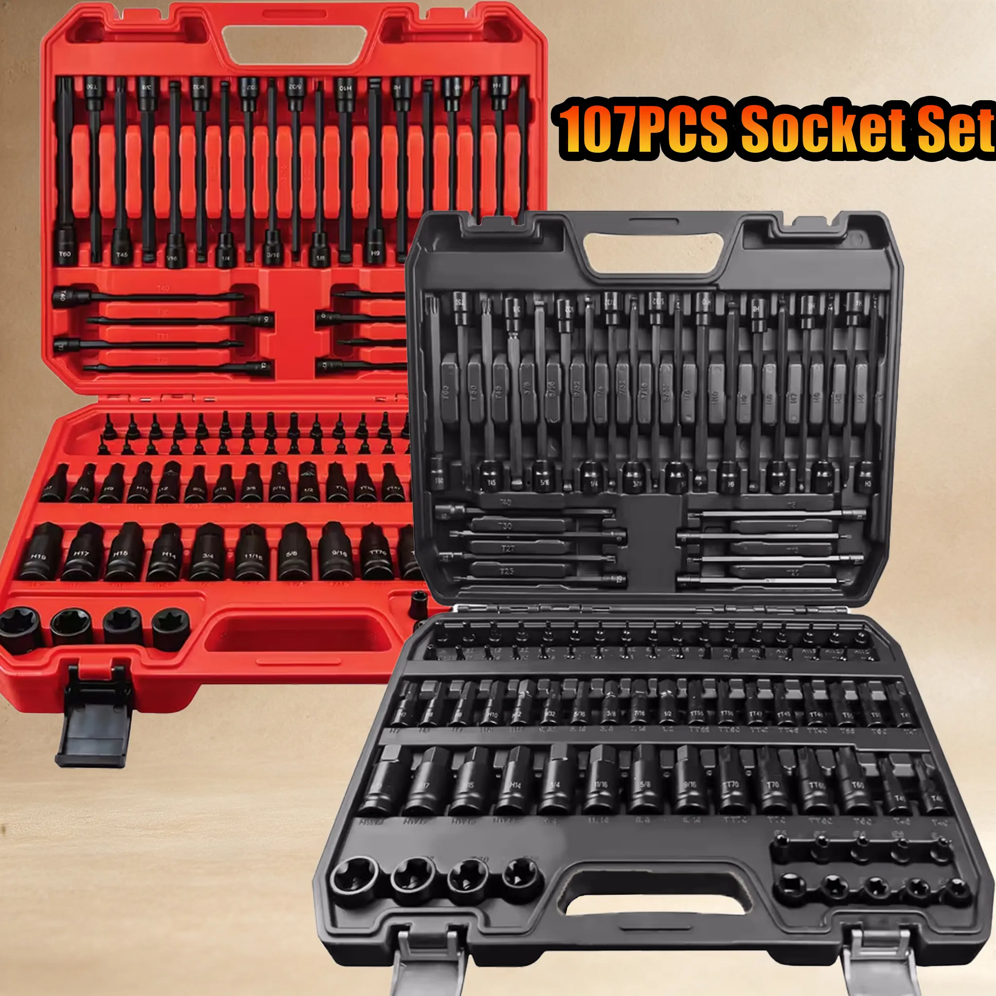 107pcs S2 Steel Hex Allen & Bit Socket Set, 1/4"-3/8"-1/2" Drive, Extra Long Security Torx, Ball End Hex, SAE-Metric Sockets Hand Tool Set (Red & Black) | Sold by Star Store (4.7 Stars, 187 Sold)