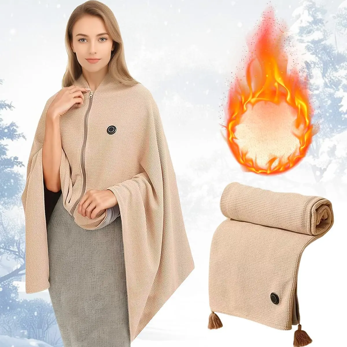 USB Heated Shawl - Gentle Warmth, No Irritation, 3 Temp Modes, Detachable Design Simplifies Washing, Lightweight for Travel Days, Fold-and-Go Warm Portable Wrap for Winter Autumn Office Home Supplies Gift