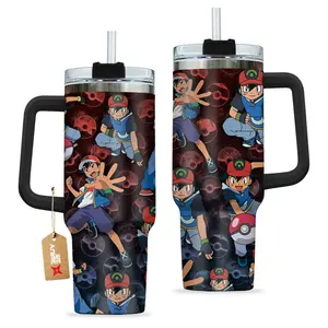 STORMMECH- Satoshi Ash KetChum 40oz Handle Tumbler – PKM Stainless Steel Travel Mug, Anime Inspired Vacuum Insulated Cup, Large Iced Coffee Tumbler, Manga Fighter Drinkware, Otaku Gift for Him Her