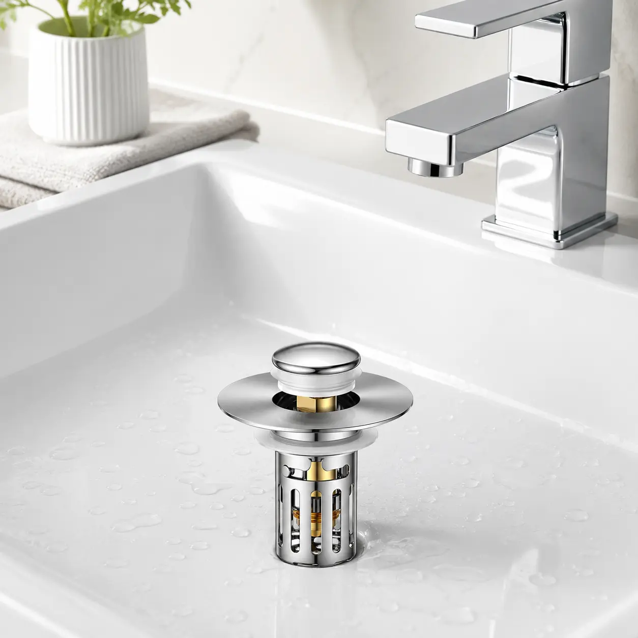 2-in-1 Dual-Functionality Bathroom Sink Stopper with Pop-up Design, Bath Drain Cover, Adjustable Aluminium Anti-Clog Filter Basket, Removable Hair Trap, Anti-Odor, Water Flow Control, Universal Fit Bathroom Fixture Accessory, Durable