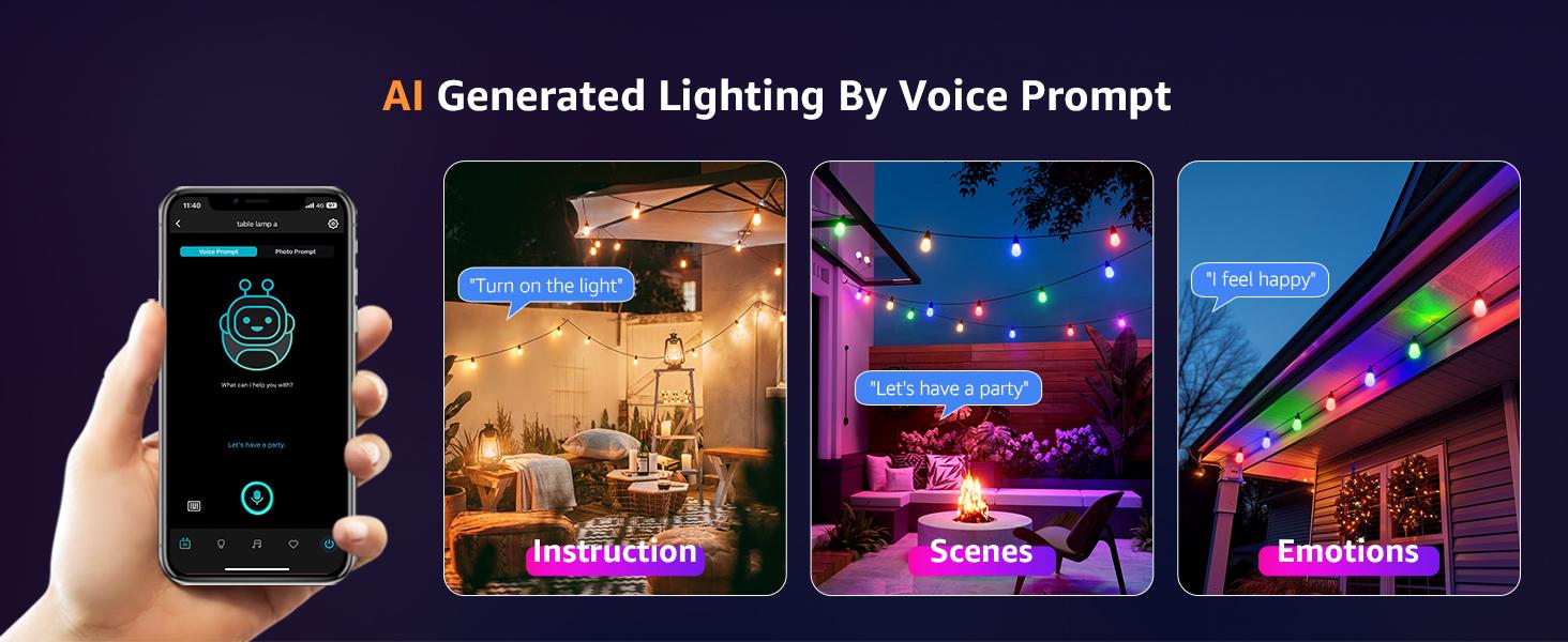 Lepro ZB1 AI Smart Outdoor String Lights APP Control, 54(42+12) ft RGB + IC +Warm White Waterproof Connectable Outdoor Strip Lights 15 LED Bulbs, Alexa Google Enabled, AI Generated Lighting LLM, NO Remote, 2.4 GHz WiFi+ Bluetooth