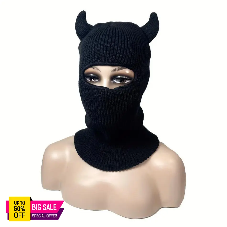 Solid Color Knitted Cotton Balaclava with Horns, Hip Hop Style Full Coverage Ski Mask for Adults, Windproof Thermal Wear for Winter Sports & Halloween, Knitted Balaclava