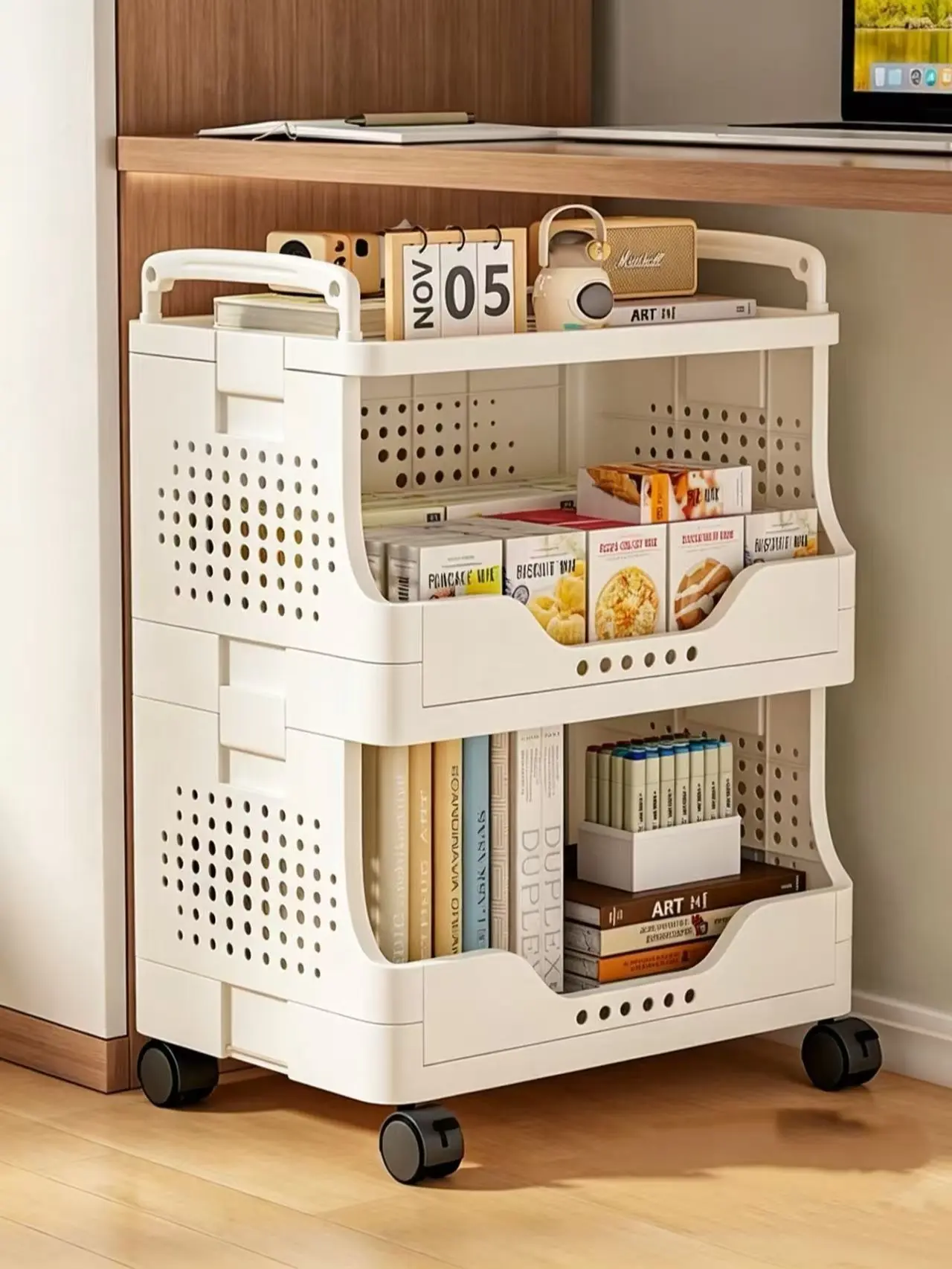2-Tier Hollow Plastic Rolling Cart with Hooks, ABS Plastic Movable Organizer Trolley with Universal Wheels, Dual Handles for Bedrooms/Living Room Storage Rack