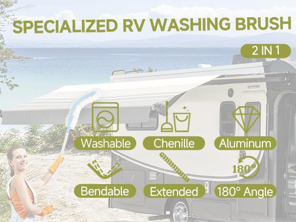 RV Awning Cleaning Mop, Extendable Pole Awning Mop Tool for Camper, Awning Cleaner for RV Canopy with Bendable and Cleaning Brush Head