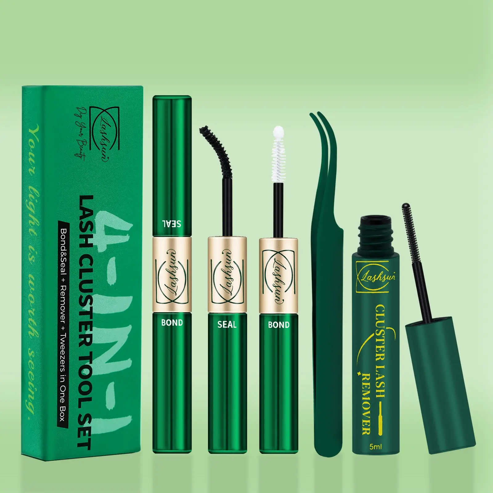LASHSUN 4-in-1 Lash Cluster Glue Eyelash Adhesive Bond & Seal Kit with Remover & Tweezers, Long-Lasting & Waterproof Tool Set DIY Lash Tools for DIY Eyelash Extensions, Beginner-friendly Home Use Makeup Cosmetic Kit