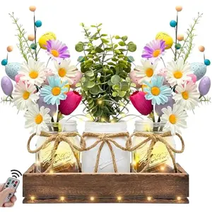 【Holiday Deal】Easter Centerpiece Light Table Decorations - Table Runner Easter Decor Coffee Table Decor with Wood Tray and Remote Control Led Light Table Centerpieces for Home Kitchen Dining Living Room
